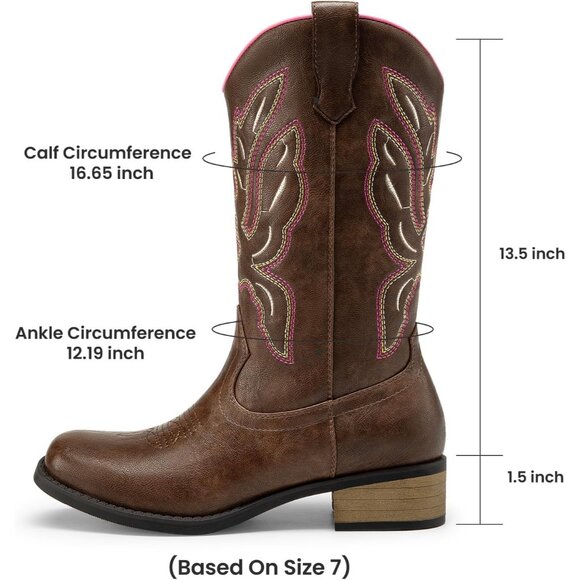 Women's Pink Brown Mid Calf Square Toe Comfortable Pull On Heel Embroidery - Picture 5 of 6